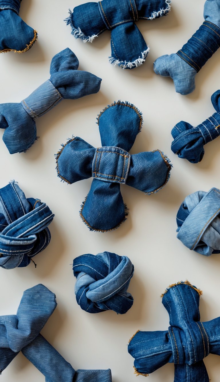 A collection of handmade dog toys made from blue denim fabric arranged on a neutral background.